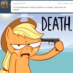  animal_ears ask_jappleack beretta_92f blonde_hair cloud english_text equine female feral friendship_is_magic green_eyes gun hair hat horse hotdiggedydemon looking_at_viewer mammal my_little_pony outside pony ranged_weapon sun text tumblr weapon 