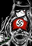  1girl antaria blindfold glasses hat long_hair military military_uniform monochrome nazi original peaked_cap red_blindfold red_eyes signature skull_and_crossbones spot_color swastika syringe uniform 