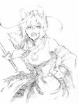  animal_ears clenched_hand detached_sleeves graphite_(medium) greyscale hat inubashiri_momiji japanese_clothes monochrome open_mouth short_hair slit_pupils solo sukocchi sword tokin_hat touhou traditional_media turtleneck weapon wolf_ears 