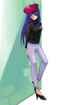  against_wall arms_behind_back beatnik beret blue_eyes blue_hair hat high_heels leaning long_hair my_little_pony my_little_pony_friendship_is_magic pants personification rarity shoes solo sweater turtleneck wong_ying_chee 