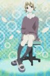  absurdres aqua_background black_eyes brown_hair checkered checkered_background highres katteni_kaizou non-web_source saien_suzu screencap shoes short_hair skirt socks solo sweater 