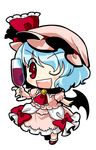 blue_hair chibi cup dress drinking_glass full_body hat highres one_eye_closed open_mouth remilia_scarlet short_hair socha solo touhou transparent_background wine_glass wings 