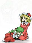  @_@ al_bhed_eyes ascot blonde_hair breast_rest breasts breasts_on_head closed_eyes dress elly frills green_hair hair_over_one_eye hat highres kazami_yuuka kazami_yuuka_(pc-98) kujira_lorant lap_pillow long_hair medium_breasts multiple_girls on_lap projected_inset red_eyes saliva sitting sleeping touhou touhou_(pc-98) umbrella when_you_see_it yellow_eyes 