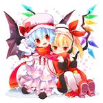  bat_wings black_legwear blonde_hair blue_hair coat crystal fang flandre_scarlet fur_trim gloves hat multiple_girls nigo red_eyes red_scarf remilia_scarlet scarf shared_scarf siblings side_ponytail sisters sitting snow thighhighs touhou white_legwear wings winter_clothes 