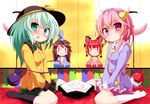  animal_ears blush blush_stickers braid brown_hair cat_ears extra_ears eyeball fan green_eyes green_hair hair_ribbon hairband hat heart kaenbyou_rin komeiji_koishi komeiji_satori long_hair multiple_girls okumari pink_eyes pink_hair reiuji_utsuho ribbon siblings sisters sitting skirt sleeves_past_wrists smile third_eye touhou twin_braids wariza |_| 