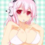  bikini blush breasts cleavage covered_nipples gingham gingham_background headphones large_breasts long_hair looking_at_viewer marimo_(artist) mouth_hold nitroplus pink_hair red_eyes smile solo super_sonico swimsuit upper_body 