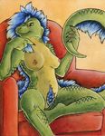  blue_hair breasts female fluff hair lizard muff nipples nude pubes reptile ruaidri scalie solo 