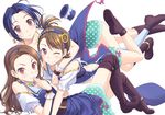  blue_hair boots brown_hair collarbone earrings futami_ami hairband hat hat_removed headwear_removed idolmaster idolmaster_(classic) jewelry long_hair minase_iori mini_hat mini_top_hat miura_azusa multiple_girls necklace one_eye_closed palace_of_dragon_(idolmaster) pink_eyes ryuuguu_komachi short_hair side_ponytail smile tenkuu_nozora thigh_boots thighhighs top_hat wrist_cuffs 