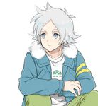  blue_eyes drawr fubuki_shirou fur_trim hirosuke_(psychexx) inazuma_eleven inazuma_eleven_(series) inazuma_eleven_go jacket male_focus smile solo white_hair 