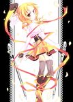  blonde_hair blurry depth_of_field drill_hair gun looking_back magical_girl magical_musket mahou_shoujo_madoka_magica petals ribbon skirt smile solo thighhighs tomoe_mami twin_drills twintails weapon yellow_eyes yuzuki_(rurirara) 