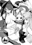  3girls blush breasts cierra_(riviera) eyebrows_visible_through_hair fia_(riviera) greyscale grinding hat hetero large_breasts lineart lying lyuri_(riviera) monochrome mouth_hold multiple_girls panties panties_aside penis riviera ryuuta_(msxtr) serene_(riviera) thighhighs topless underwear witch_hat 