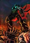  arm_blade bad_id bad_pixiv_id black_getter cape epic fire getter_robo glowing glowing_eyes highres mecha no_humans realistic ryou-k super_robot weapon 