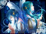  aqua_hair back-to-back bare_shoulders closed_eyes dual_persona hair_ornament hatsune_miku long_hair momopanda multiple_girls nail_polish tears vocaloid wings 