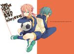  bad_id bad_pixiv_id ball blue_eyes cover cover_page english green_hair inazuma_eleven_(series) inazuma_eleven_go kaimuari kariya_masaki kirino_ranmaru kneehighs long_hair male_focus multiple_boys pink_hair sitting smile soccer_ball telstar track_suit twintails yellow_eyes 