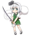  :&lt; aru_ra_une black_hairband blush_stickers bobby_socks green_eyes hair_ribbon hairband katana konpaku_youmu konpaku_youmu_(ghost) mary_janes ribbon scabbard sheath shoes short_hair silver_hair skirt socks solo sword touhou weapon 