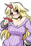  akou_roushi alternate_costume bare_shoulders blonde_hair blush breasts cleavage cuffs fang horn hoshiguma_yuugi large_breasts long_hair red_eyes ribbed_sweater shackles simple_background sketch smile solo sweater touhou white_background 