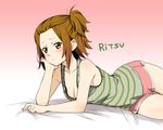  alternate_hairstyle arm_support bare_shoulders blush breasts brown_eyes brown_hair cleavage k-on! minimaru shirt short_shorts shorts side_ponytail small_breasts solo striped striped_shirt tainaka_ritsu tank_top 