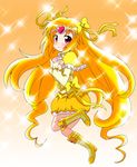  bad_id bad_pixiv_id blonde_hair blush body_blush boots bow brooch bubble_skirt circlet cure_muse_(yellow) frills gradient gradient_background hands_on_own_chest heart highres jewelry knee_boots long_hair magical_girl massala orange_background precure red_eyes shirabe_ako skirt smile solo sparkle standing standing_on_one_leg suite_precure yellow yellow_bow yellow_skirt 