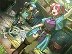  1girl ;d arm_up blue_eyes blue_hair boots chris_(eiyuu_densetsu) dutch_angle eiyuu_densetsu flick_(artist) jurio_(eiyuu_densetsu) knee_boots one_eye_closed open_mouth pants pink_eyes pink_hair shiroki_majo short_hair smile staff 