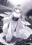  day dutch_angle full_body grey_background grey_eyes hime_cut ice japanese_clothes kimono light_smile long_hair original outdoors silver_(color) silver_hair sleeves_past_wrists snow snowing solo standing tabi tree water white white_hair white_kimono winter winter_clothes yakka yuki_onna zouri 