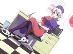  book braid breasts chair desk dress hat large_breasts loafers long_hair looking_at_viewer nurse_cap open_mouth pantyhose pen purple_eyes seren_(staphy) shoes single_braid solo touhou white_hair yagokoro_eirin 