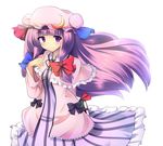  book bow breasts capelet crescent dress frills hair_ribbon hat highres long_hair patchouli_knowledge purple_eyes purple_hair ribbon small_breasts smile snow_(gi66gotyo) solo striped striped_dress touhou white_background 