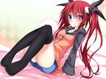  :&lt; bed blue_eyes blush francesca_alberti hair_ornament hair_ribbon hair_ribbons hairpins heart heterochromia hood hoodie open_mouth original pillow red_eyes red_hair ribbon shorts sitting suterii symbol-shaped_pupils thighhighs twintails 