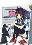  ahoge bad_id bad_pixiv_id bird black_hair black_legwear book can dr_pepper in_container in_refrigerator koba long_hair milk original penguin plant pleated_skirt purple_eyes refrigerator school_uniform serafuku shoes sitting skirt sneakers soda soda_can solo thighhighs translated zettai_ryouiki 