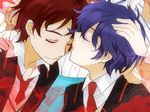  2boys blue_hair blush brothers closed_eyes kiss kurot mawaru_penguindrum multiple_boys red_hair school_uniform siblings takakura_himari takakura_kanba takakura_shouma 