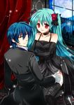  1girl akatsuki_yakyou aqua_hair bare_shoulders blue_eyes blue_hair choker dress elbow_gloves formal full_moon gloves hatsune_miku kaito long_hair moon red_eyes thighhighs twintails very_long_hair vocaloid window 