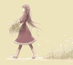  basket bug butterfly carrying flower grass hair_flower hair_ornament insect long_hair monochrome original pantyhose profile scarf sepia sepia_background simple_background sleeves_rolled_up smile solo spot_color winter_clothes yohchi 