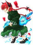  absurdres animal_ears braid bug butterfly cat_ears extra_ears full_body highres insect kaenbyou_rin red_eyes red_hair solo spirits squatting suna_kiririto touhou transparent_background twin_braids 
