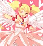  alternate_costume angel_wings blonde_hair choker cure_angel_(fresh_precure!) cure_peach dress earrings fresh_precure! hair_ornament heart heart_background heart_hair_ornament heart_hands jewelry long_hair magical_girl maro_nie momozono_love pink_background pink_choker precure solo wings wrist_cuffs 