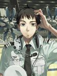  aircraft airplane badge brown_hair contra-rotating_propellers copyright_request hand_on_own_head hat hat_removed headset headwear_removed male_focus necktie pilot raised_eyebrow solo uniform zaimoku_okiba 