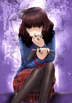  aura black_hair black_legwear eyeliner grey_eyes ipad jewelry kamen_rider kamen_rider_fourze_(series) makeup nail_polish nozama_tomoko pantyhose plaid plaid_skirt ring school_uniform skirt solo tablet_pc ueyama_michirou 