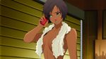  annoyed breasts brown_hair cellphone censored chou_shittou_caduceus cleavage dark_skin doi_masayuki green_eyes highres hospital_rokunin_no_ishi large_breasts maria_torres non-web_source phone short_hair solo talking_on_phone towel towel_around_neck 