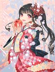  animal animal_on_shoulder apple bf._(sogogiching) bird bird_on_shoulder black_hair bow drill_hair food fruit hair_ornament holding holding_food holding_fruit japanese_clothes kimono large_bow long_hair open_mouth original ponytail red_eyes side_ponytail smile snowflake_hair_ornament solo 