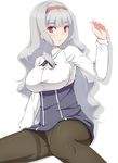  breasts brown_legwear crotch_seam hairband idolmaster idolmaster_(classic) large_breasts long_hair panties panties_under_pantyhose pantyhose red_eyes ribbon shijou_takane shougi_(116) silver_hair simple_background solo thighband_pantyhose underwear white_background 