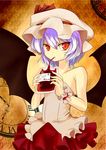  alternate_costume bare_shoulders bat_wings blood blood_bag clock dress drinking hat hat_ribbon highres holding karuna_(madlax) lavender_hair red_eyes remilia_scarlet ribbon short_hair skirt slit_pupils solo strapless touhou vampire wings wrist_cuffs 