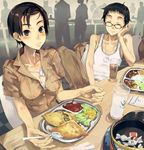  1girl blush breasts candy chair chin_rest cleavage closed_eyes copyright_request cup dog_tags eating food glasses ketchup large_breasts salad short_hair sitting spork table tray zaimoku_okiba 