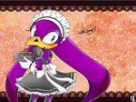  avian beak bird blue_eyes blush cake dress female food maid maid_outfit maid_uniform multicolored_background multicolored_clothing plate purple purple_body sega solo sonic_(series) sonic_riders swallow_(bird) uniform warm_colors wave_the_swallow zenaku18 