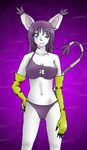  anthro bikini breasts claws cleavage clothed clothing digimon female fur gatomon gloves hair long_hair long_purple_hair midriff navel neomacurris one_eye_closed purple_background purple_hair skimpy solo swimsuit tail tight_clothing white white_fur 