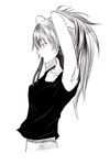  adjusting_hair alternate_costume armpits arms_up casual comic die_(die0118) greyscale long_hair mahou_shoujo_madoka_magica monochrome mouth_hold profile ribbon ribbon_in_mouth sakura_kyouko silent_comic simple_background solo tying_hair 