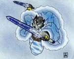  blue clothed clothing dual_wield ice leaping male ring solo stylized sword tail unknown_artist weapon 