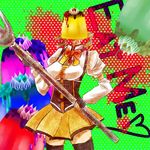  blonde_hair breasts cake corset drill_hair food fork gloves green_background headless lowres magical_girl mahou_shoujo_madoka_magica mami_mogu_mogu medium_breasts pudding ribbon skirt thighhighs tomoe_mami twin_drills twintails yellow_skirt 