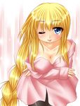  :p blonde_hair blue_eyes breast_hold breasts cleavage copyright_request kagura_chitose long_hair medium_breasts one_eye_closed pantyhose solo thighband_pantyhose tongue tongue_out 