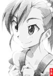  bare_shoulders clenched_hands futami_mami gofu greyscale idolmaster idolmaster_(classic) monochrome sketch smile solo spot_color traditional_media 