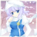  blue_eyes breasts hat highres kujou_mikuru lavender_hair letty_whiterock medium_breasts scarf short_hair smile snow solo touhou white_scarf 