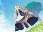  animal_ears bad_id bad_pixiv_id blonde_hair blue_eyes cheon_nyeon-ui_si_(vocaloid) cloud day dutch_angle fox_ears fox_tail hair_ornament hanbok harapa highres korean_clothes kumiho long_hair multiple_tails seeu sky solo tail tree vocaloid 