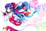  bell bow bridal_gauntlets detached_sleeves gradient_hair hair_bow hair_ornament hakurei_reimu jingle_bell long_hair multicolored_hair nanamomo_rio skirt solo touhou 